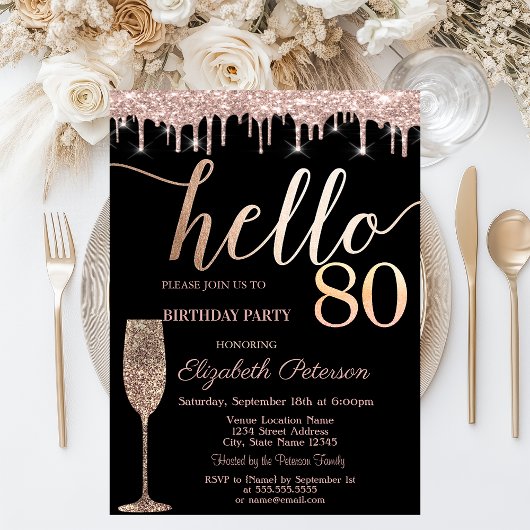 Glitzer Tropfen, Weinglas 80. Geburtstagsparty Einladung
