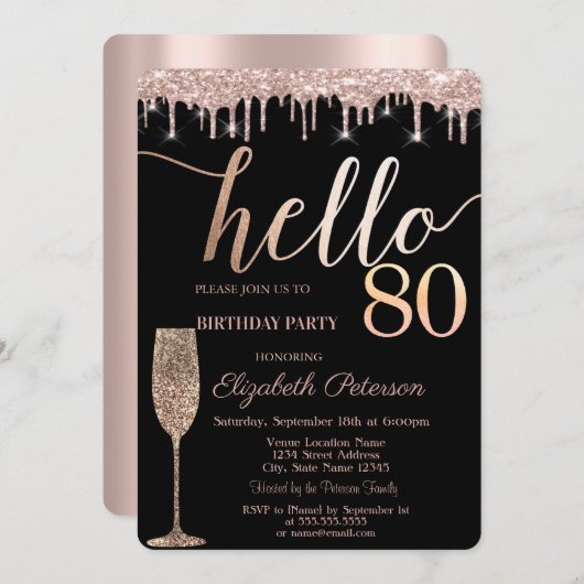 Glitzer Tropfen, Weinglas 80. Geburtstagsparty Einladung (Vorne/Hinten)
