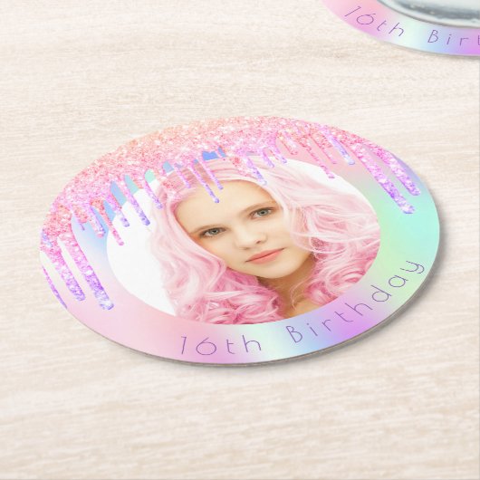 Glitzer Tropfen zum Geburtstag Foto Rosa Runder Pappuntersetzer (Angewinkelt)