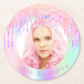 Glitzer Tropfen zum Geburtstag Foto Rosa Runder Pappuntersetzer (Vorderseite)