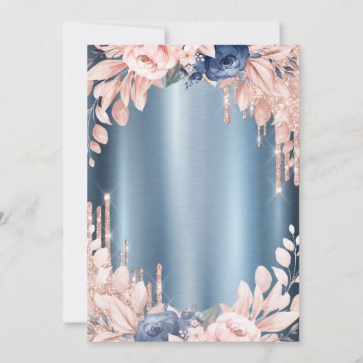 Glitzer Tropfens Blumenblauer Hochzeitstag Einladung (Rückseite)