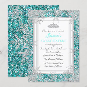 Glitzer Türkis Silber Winter Wonderland Sweet 16 Einladung
