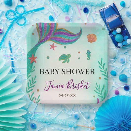 Glitzer Turquoise Mermaid Babydusche Pappteller (Party)