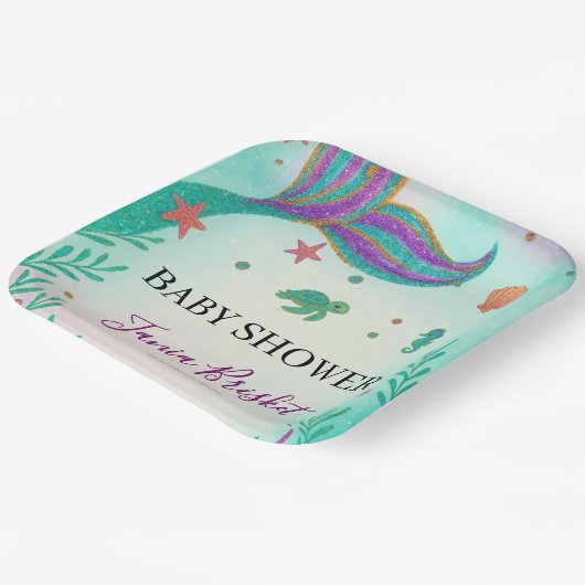 Glitzer Turquoise Mermaid Babydusche Pappteller (Gewinkelt)