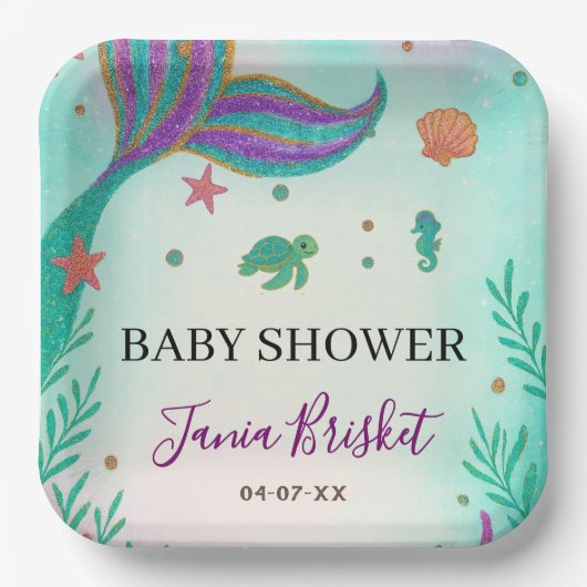 Glitzer Turquoise Mermaid Babydusche Pappteller (Vorderseite)