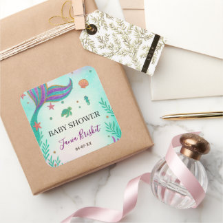 Glitzer Turquoise Mermaid Babydusche Quadratischer Aufkleber