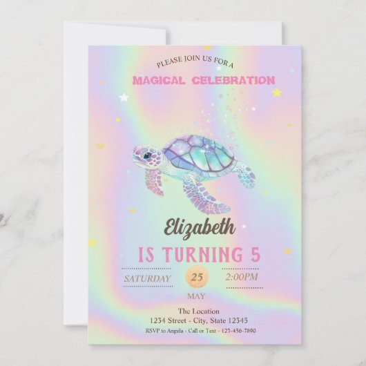 Glitzer Turtle Summer Holographic Birthday Einladung (Vorderseite)
