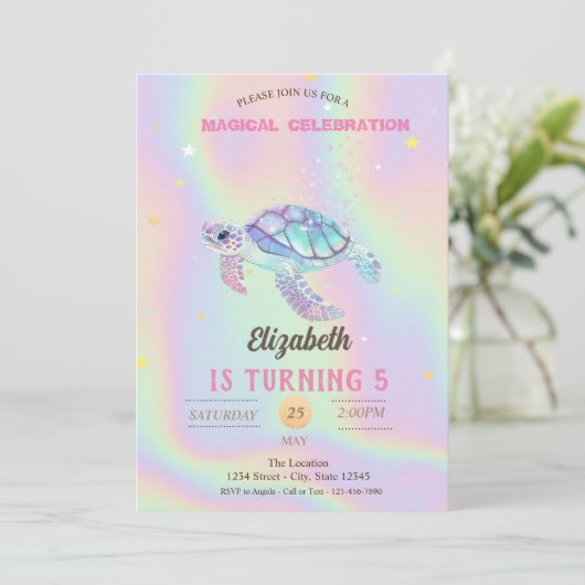 Glitzer Turtle Summer Holographic Birthday Einladung (Stehend Vorderseite)