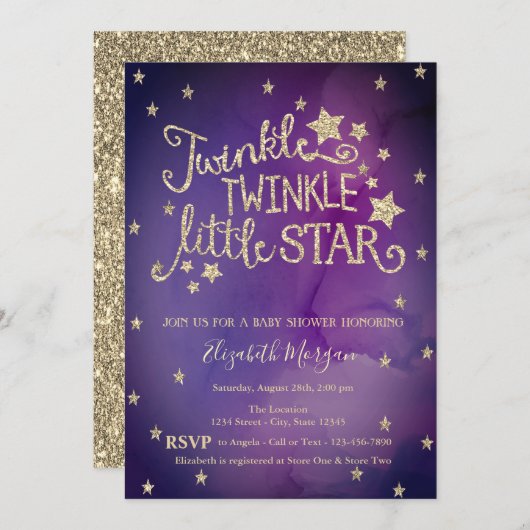 Glitzer Twinkle Little Star Violet Baby Dusche Einladung (Vorne/Hinten)