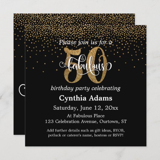 Glitzer u. Script 50 u. fabelhaft auf Schwarzem, Einladung (Vorne/Hinten)