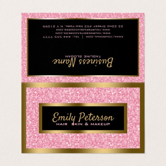 Glitzer und Goldrahmen in hellrosa Visitenkarten (Außenseite Aufgefaltet)