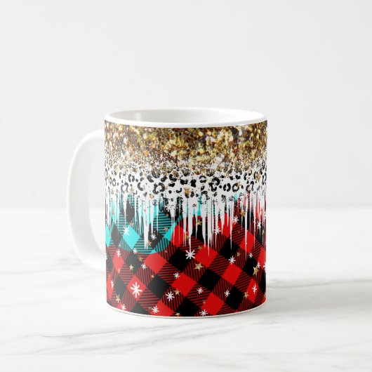 Glitzer und Kariertes Muster mit funkelnder Schnee Kaffeetasse (Vorderseite Links)