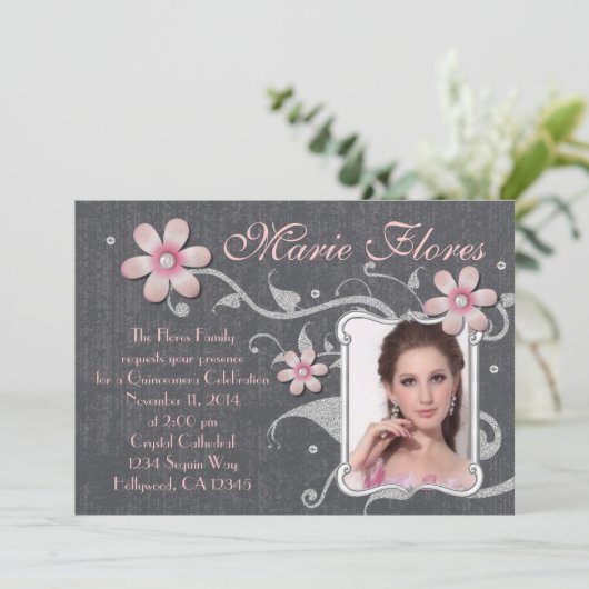 Glitzer und Kristall Quinceanera Einladung (Stehend Vorderseite)