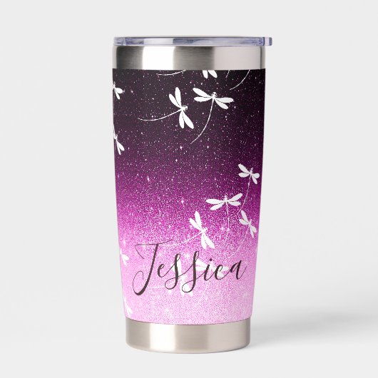 Glitzer und Libellen personalisiert Thermobecher (Links)