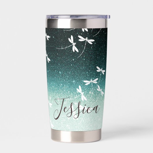 Glitzer und Libellen personalisiert Thermobecher (Links)