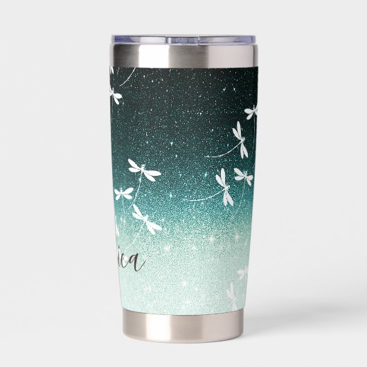 Glitzer und Libellen personalisiert Thermobecher (Rückseite)