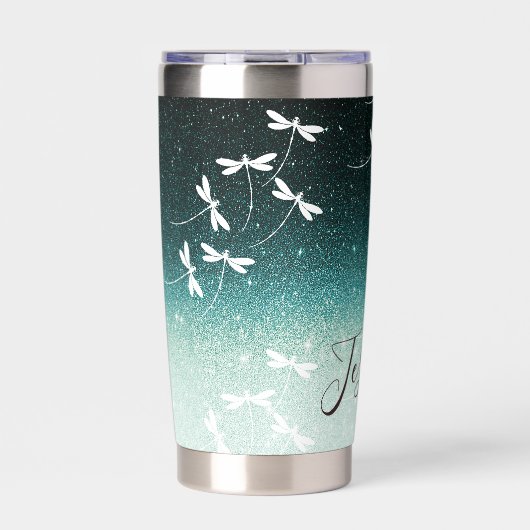 Glitzer und Libellen personalisiert Thermobecher (Vorderseite)