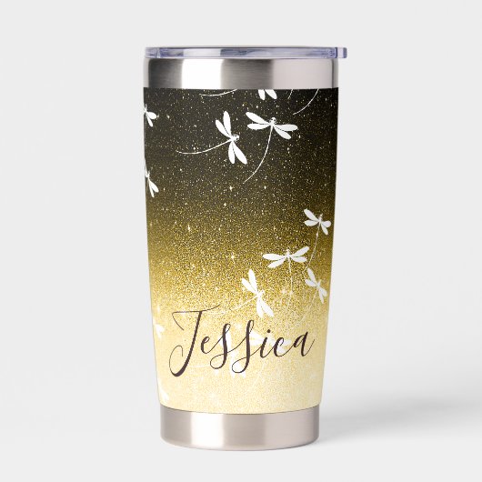 Glitzer und Libellen personalisiert Thermobecher (Links)