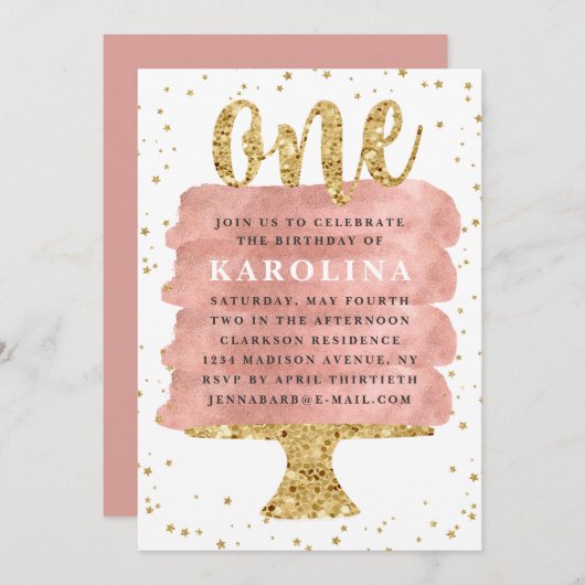 Glitzer und Rose Gold Cake Erstgeburt Einladung (Vorne/Hinten)