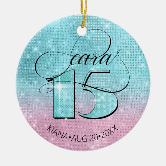 Glitzer und Shine Quinceanera Aquamarin/Rosa ID701 Keramik Ornament (Vorne)