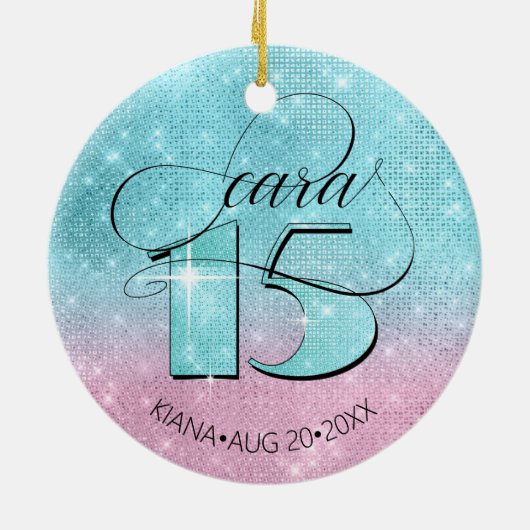 Glitzer und Shine Quinceanera Aquamarin/Rosa ID701 Keramik Ornament (Hinten)