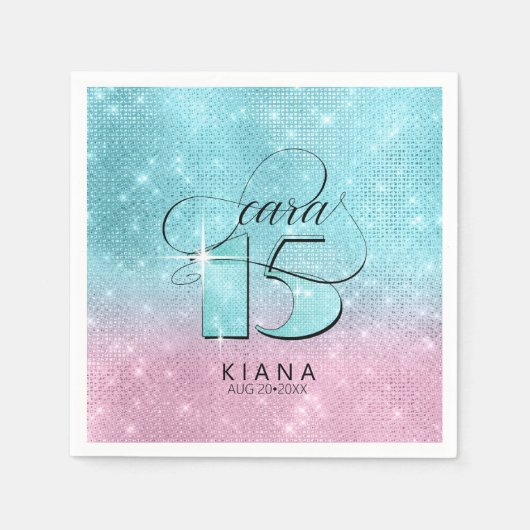 Glitzer und Shine Quinceanera V1 Aquamarin/rosa ID Serviette (Vorderseite)