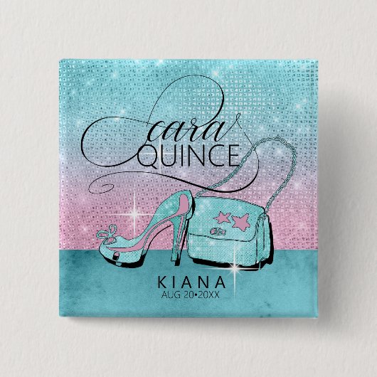 Glitzer und Shine Quinceanera V2 Aquamarin/rosa ID Button (Vorderseite)