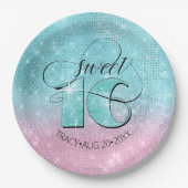 Glitzer und Shine Sweet 16 Aquamarin/Pink ID675 Pappteller (Vorderseite)