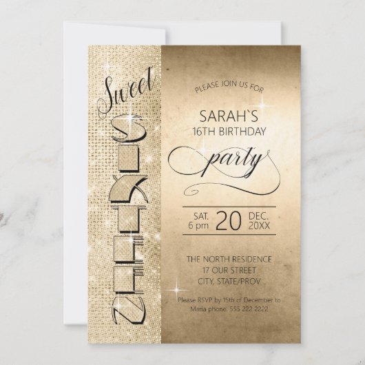 Glitzer und Shine Sweet 16 Gold ID675 Einladung (Vorderseite)