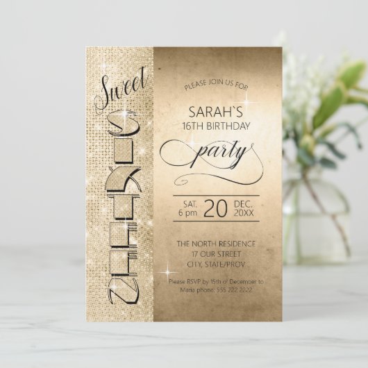 Glitzer und Shine Sweet 16 Gold ID675 Einladung (Stehend Vorderseite)
