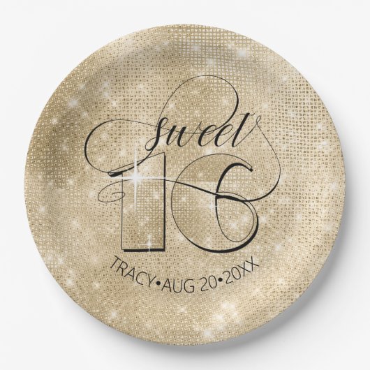 Glitzer und Shine Sweet 16 Gold ID675 Pappteller (Vorderseite)
