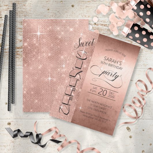 Glitzer und Shine Sweet 16 Rose Gold ID675 Einladung