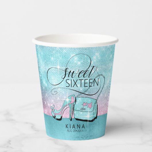 Glitzer und Shine Sweet 16 V2 Aquamarin/Pink ID675 Pappbecher (Vorderseite)