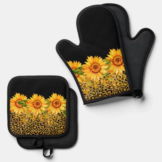 Glitzer und Sonnenblumen für Tiere Ofenhandschuh & Topflappen-Set (Vorderseite/Rückseite)