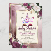 Glitzer Unicorn, Bokeh, Burgunder Blumenbaby-Dusch Einladung (Vorne/Hinten)