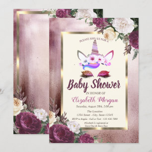 Glitzer Unicorn, Bokeh, Burgunder Blumenbaby-Dusch Einladung