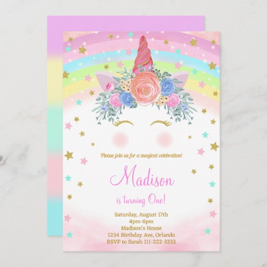 Glitzer Unicorn Einladung zum Geburtstag (Vorne/Hinten)