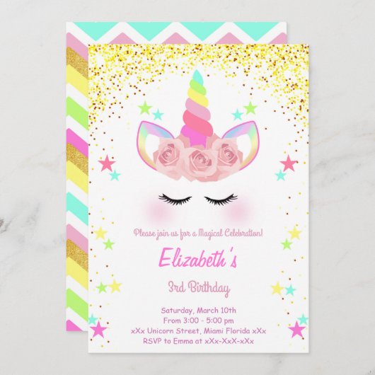 Glitzer Unicorn Einladung zum Geburtstag (Vorne/Hinten)