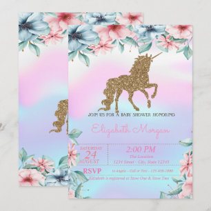 Glitzer Unicorn Holographic Floral Baby Shower Einladung