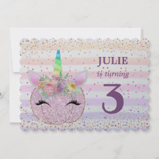 Glitzer Unicorn Pumpkin Girls 3. Geburtstag Einladung