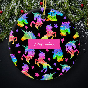 Glitzer Unicorn Rainbow mit Vorname Weihnachten Keramik Ornament