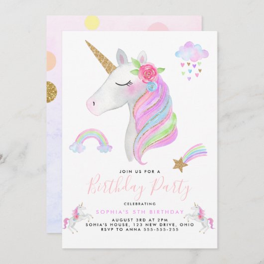 Glitzer Unicorn Rainbow Pastel Birthday Girl Einladung (Vorne/Hinten)