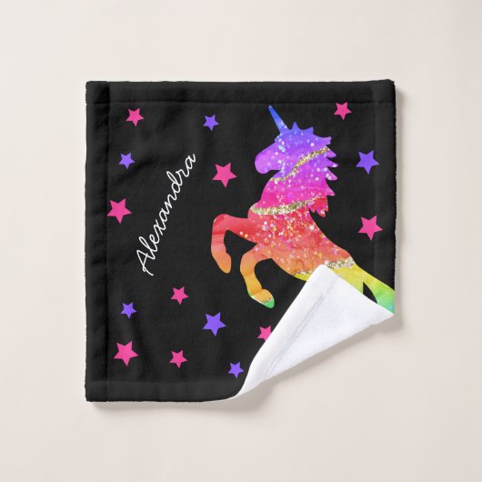 Glitzer Unicorn Regenbogenmuster mit Vorname Badhandtuch Set (Waschlappen)