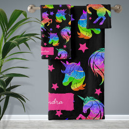 Glitzer Unicorn Regenbogenmuster mit Vorname Badhandtuch Set