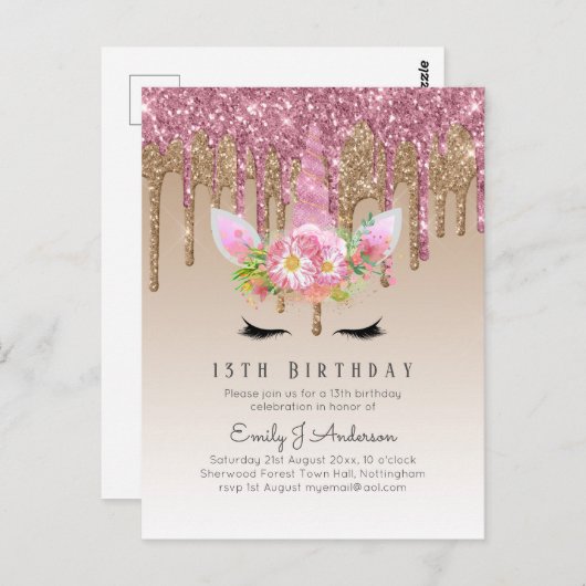 Glitzer Unicorn Rose Gold Rosa Dripping 13. Postkarte (Vorne/Hinten)