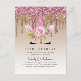 Glitzer Unicorn Rose Gold Rosa Dripping 13. Postkarte