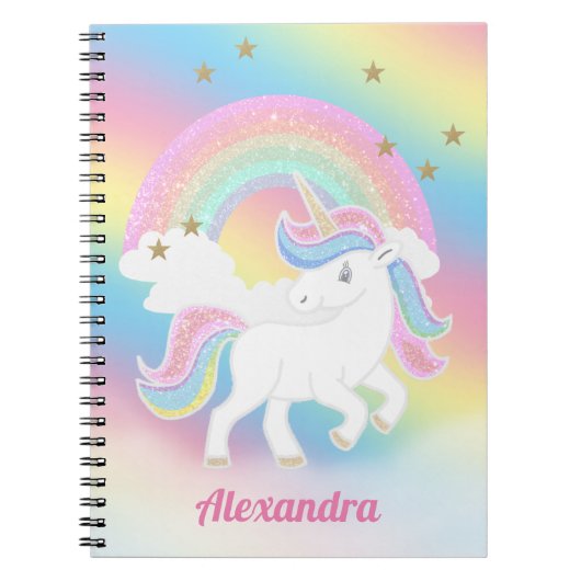 Glitzer Unicorn und Regenbogen mit Personalisierte Notizblock (Vorderseite)