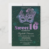 Glitzer Violet Masque Green Sweet 16 Einladung (Vorderseite)