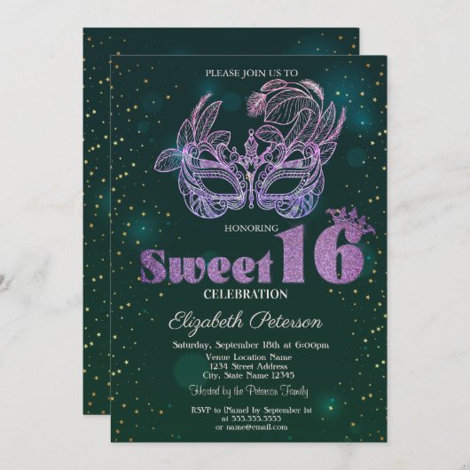Glitzer Violet Masque Green Sweet 16 Einladung (Vorne/Hinten)