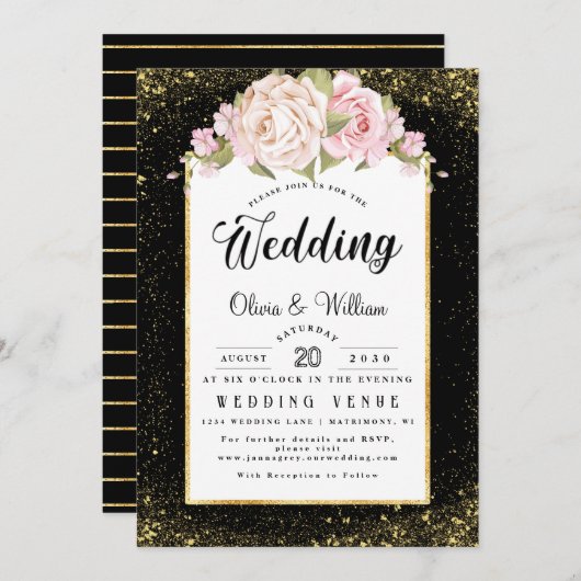 Glitzer von Blumenblättern Gold Dusty Rose Hochzei Einladung (Vorne/Hinten)